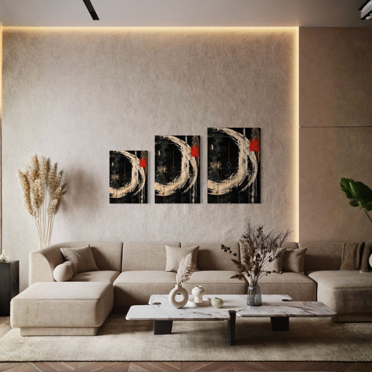 Orbit abstract canvas art displayed above contemporary furniture in a softly lit interior.