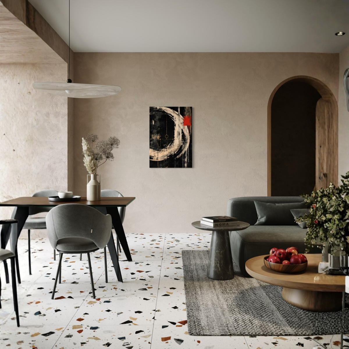 Orbit large-scale gallery-wrapped abstract canvas art shown in a modern interior setting.