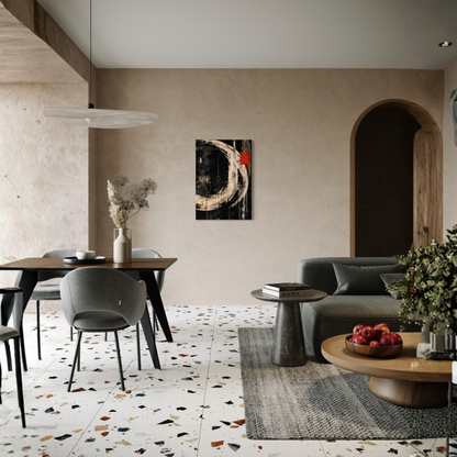 Orbit large-scale gallery-wrapped abstract canvas art shown in a modern interior setting.