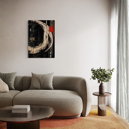 Orbit abstract canvas art displayed in a contemporary living space as a bold vertical focal point.
