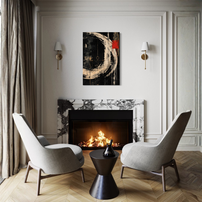 Orbit abstract canvas art displayed as large-scale wall art in a sophisticated contemporary room.