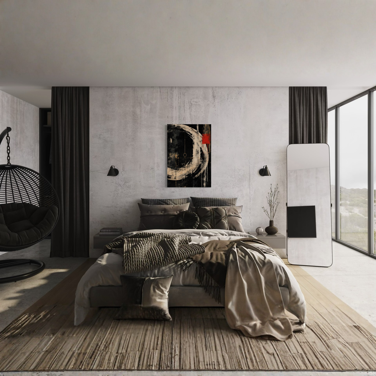 Orbit abstract canvas art styled in a modern interior with its ivory arc and red accent visible.