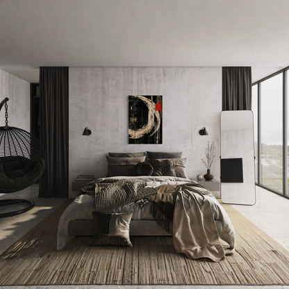 Orbit abstract canvas art styled in a modern interior with its ivory arc and red accent visible.