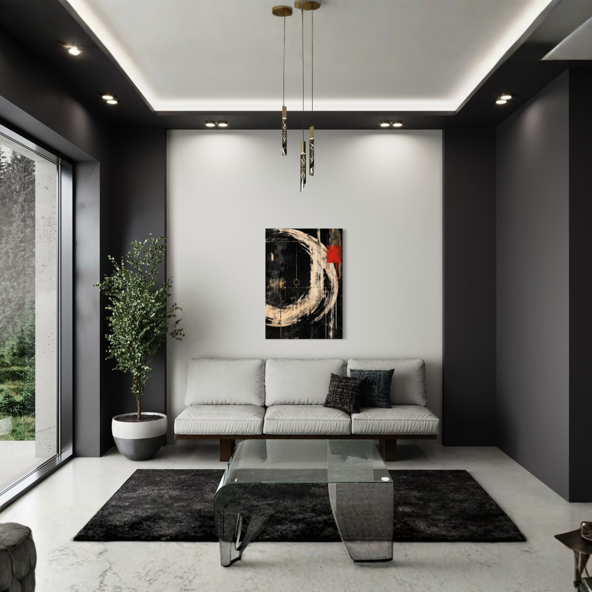 Orbit black and ivory abstract canvas art shown in a minimalist contemporary interior.