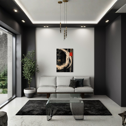 Orbit black and ivory abstract canvas art shown in a minimalist contemporary interior.
