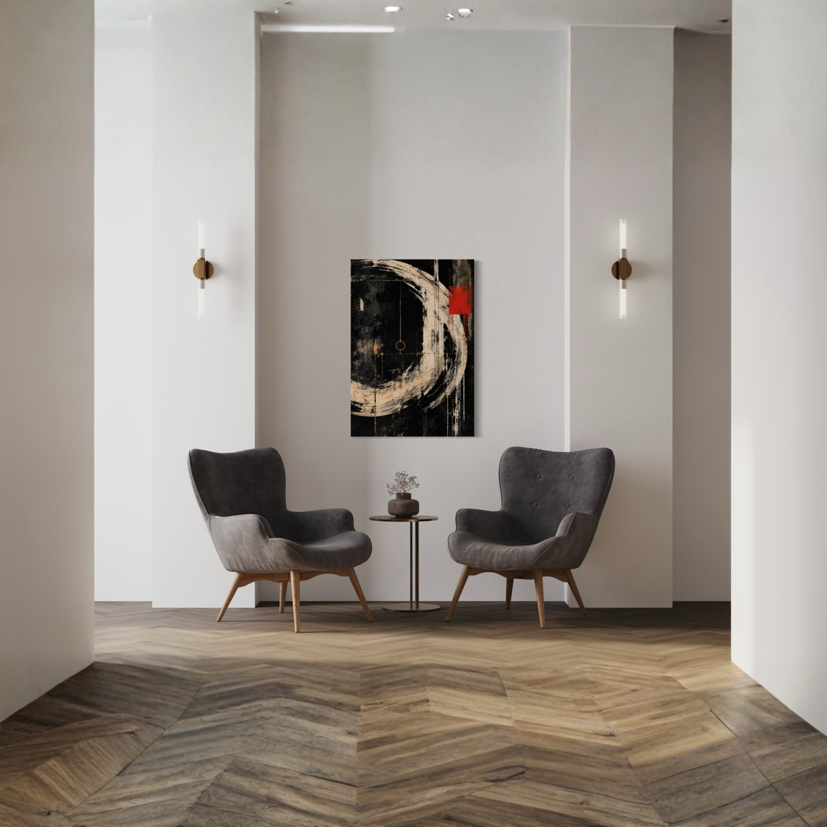 Orbit abstract canvas art displayed in a calm minimalist contemporary room.