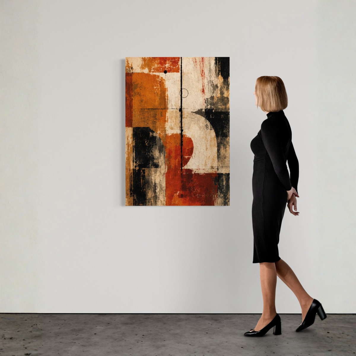 Counterweight rust abstract canvas art displayed as a vertical statement piece in a contemporary interior.