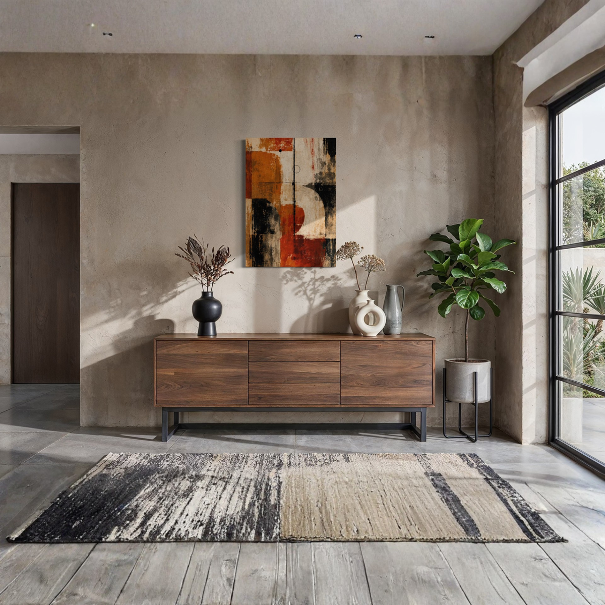 Counterweight abstract wall art shown in a minimalist interior with its warm rust and ivory palette visible.