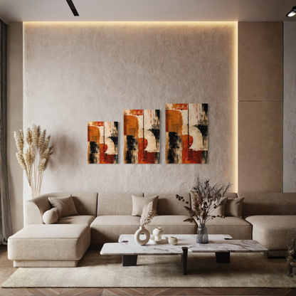Counterweight abstract canvas art styled in a refined modern interior with warm neutral tones.