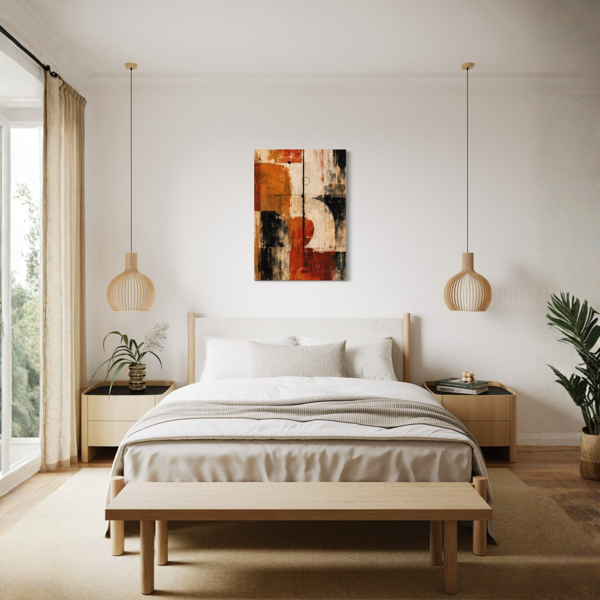 Counterweight rust and ivory abstract canvas art styled in a modern interior setting.