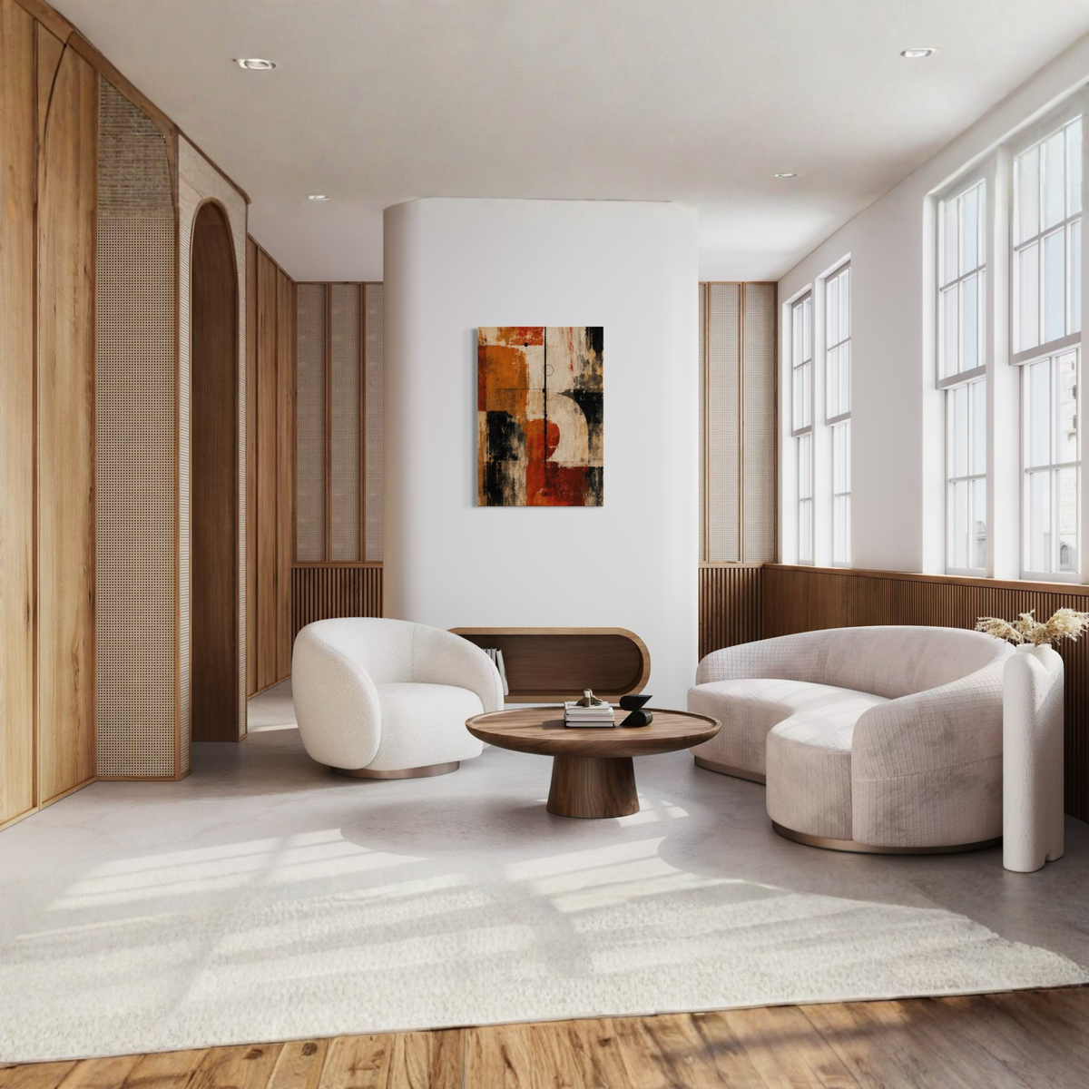 Counterweight rust and black abstract canvas art displayed in a contemporary living space.