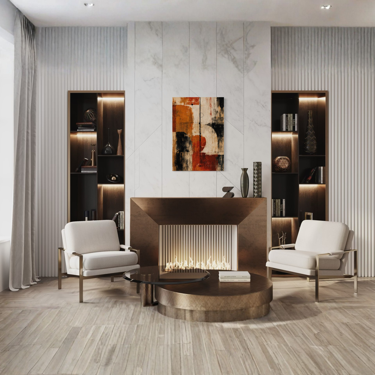 Counterweight abstract canvas art displayed in a sophisticated contemporary room with warm earthy tones.