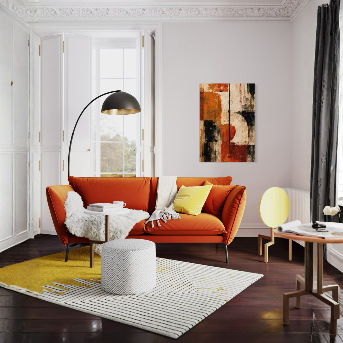 Counterweight rust abstract canvas art shown as a focal piece in a refined modern interior.