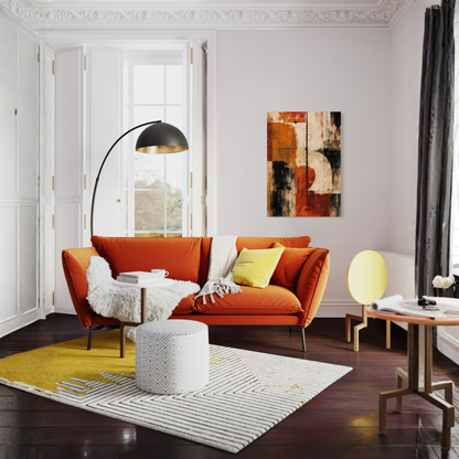 Counterweight rust abstract canvas art shown as a focal piece in a refined modern interior.