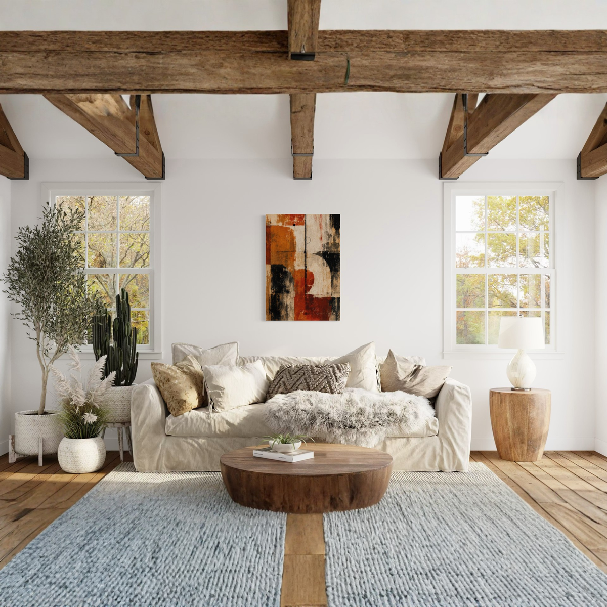 Counterweight rust abstract wall art shown as large vertical artwork in a refined home interior.