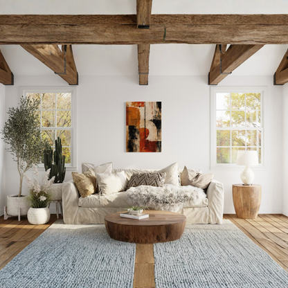 Counterweight rust abstract wall art shown as large vertical artwork in a refined home interior.