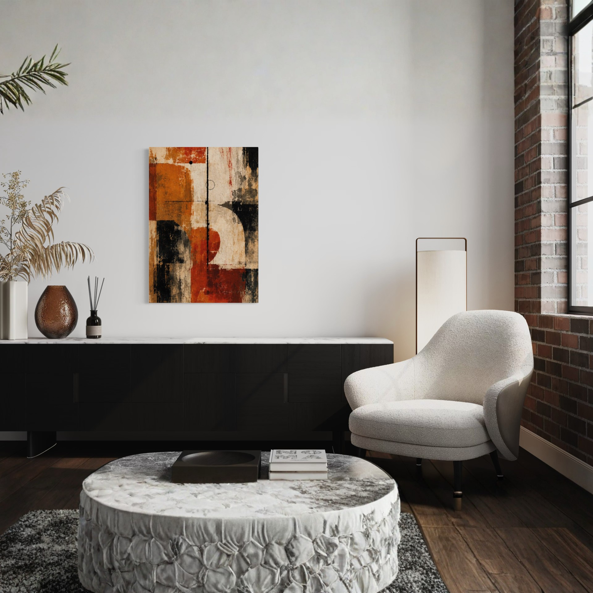 Counterweight contemporary abstract canvas displayed in a calm architectural interior.
