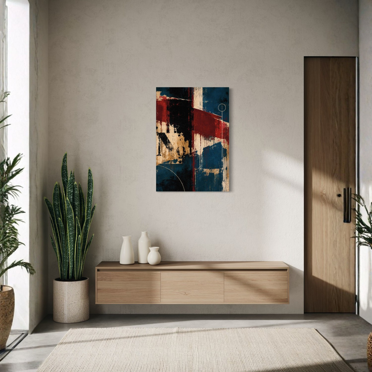 Interference burgundy and teal abstract canvas art styled in a bright contemporary living space.