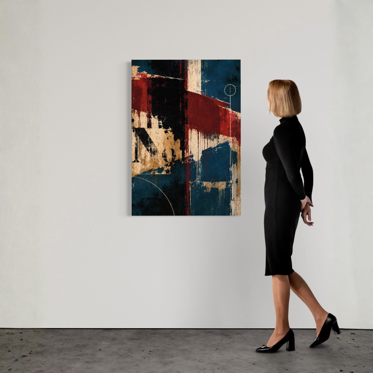 Interference abstract canvas art displayed as a vertical statement piece in a contemporary interior.