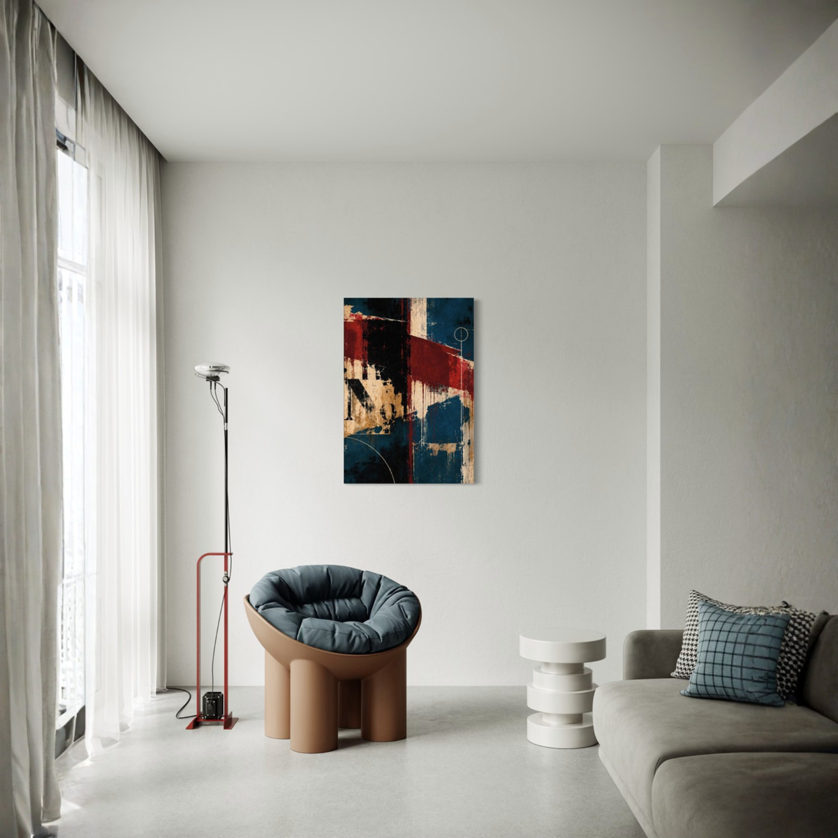Interference abstract canvas art styled in a contemporary room with its ivory and black structural details visible.
