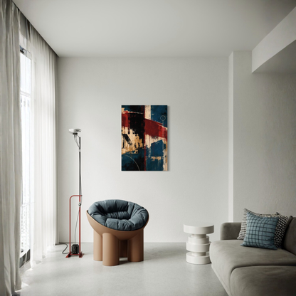 Interference abstract canvas art styled in a contemporary room with its ivory and black structural details visible.