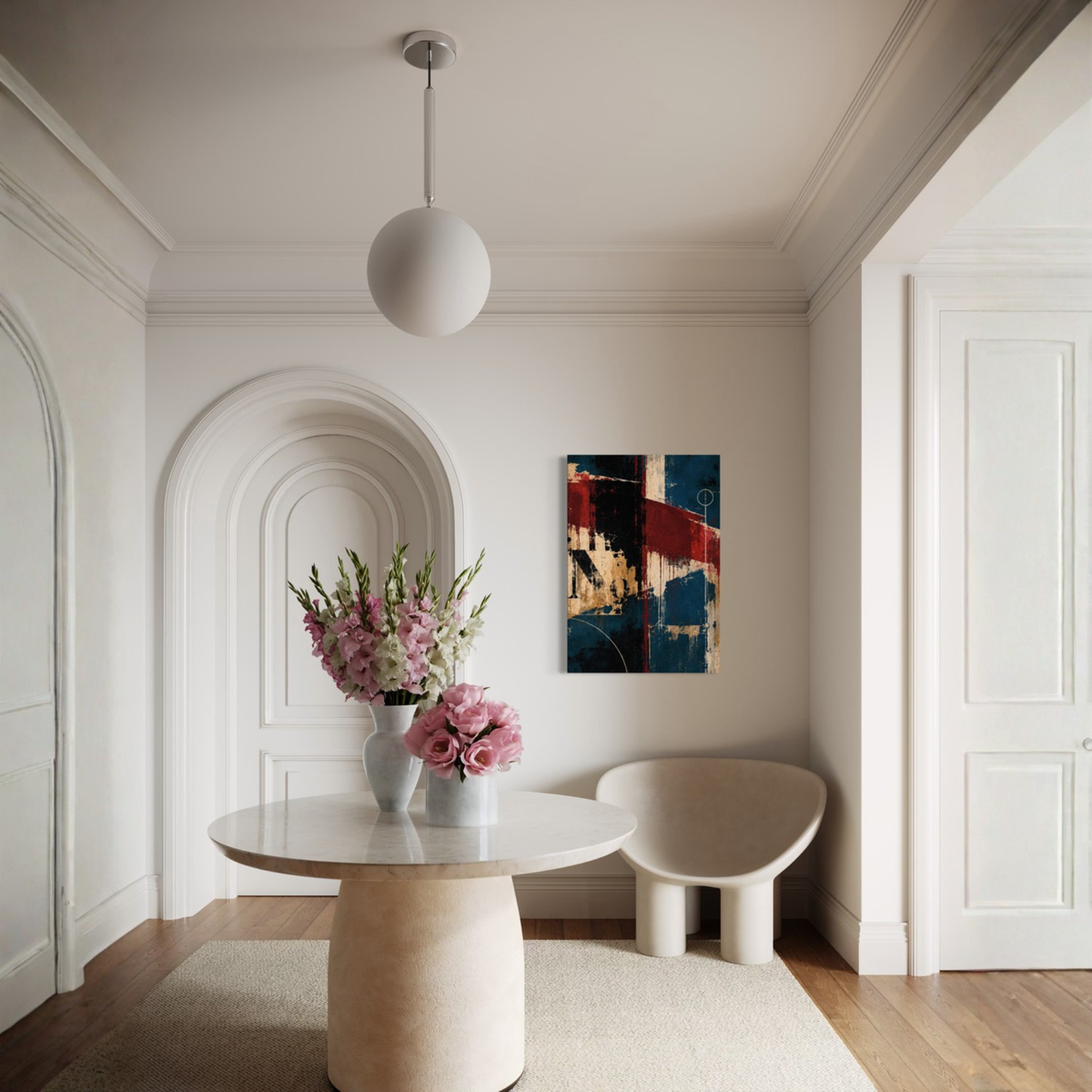 Interference abstract canvas art displayed in a refined interior as large vertical wall art.