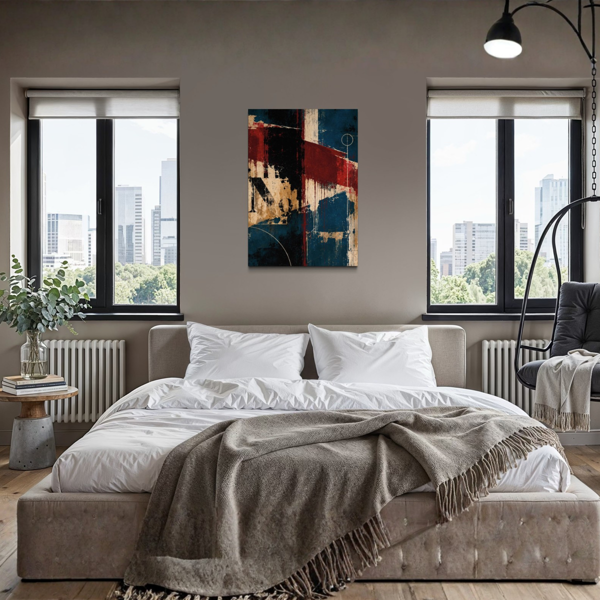 Interference abstract wall art displayed as a statement canvas in a warm modern interior.