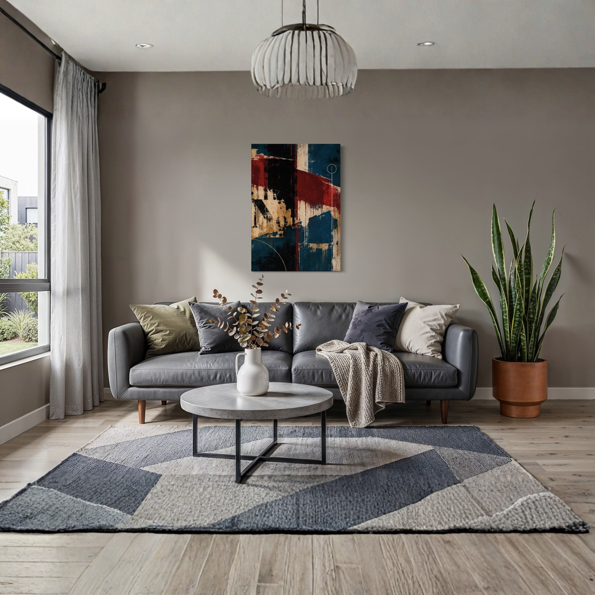 Interference abstract wall art displayed in a contemporary interior with its dark teal and burgundy palette visible.