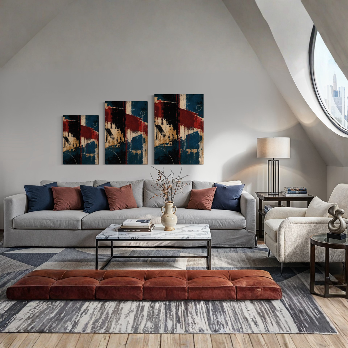 Interference teal and burgundy abstract canvas art styled in a refined modern living space.