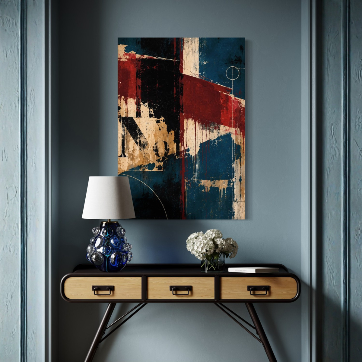 Interference abstract canvas art shown as a bold focal point in a sophisticated contemporary room.