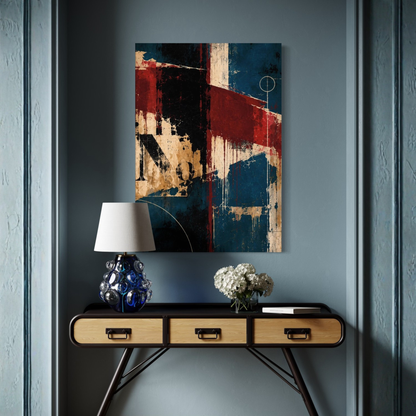 Interference abstract canvas art shown as a bold focal point in a sophisticated contemporary room.