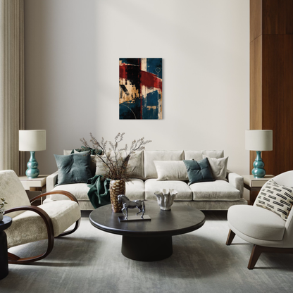 Interference teal and burgundy wall art shown in a modern interior with clean architectural lines.