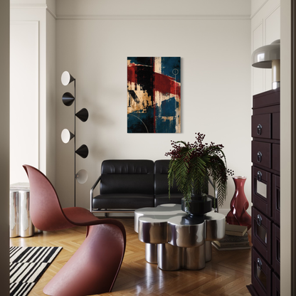 Interference teal and burgundy abstract canvas art shown as a focal piece in a refined contemporary interior.