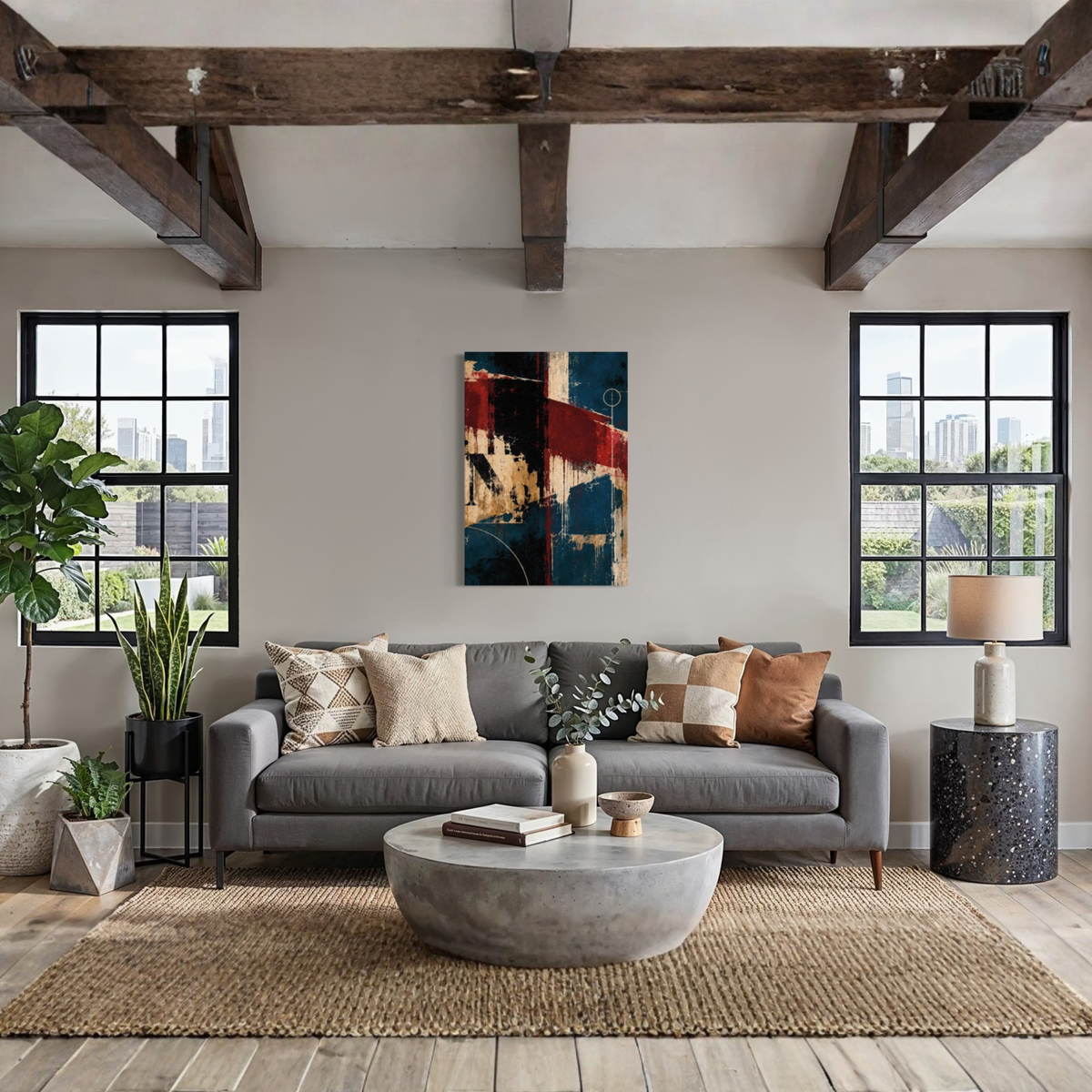 Interference teal abstract canvas art displayed in a calm modern interior with neutral furnishings.