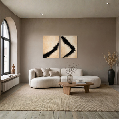 LunarHeartCo VECTOR Rise and Shift canvas art set featuring two modern abstract designs in neutral tones.