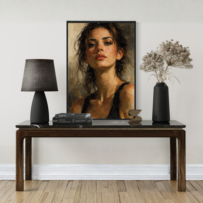 LunarHeartCo Figure Study II framed wall art print depicting a tension-filled abstract figure on a neutral background.