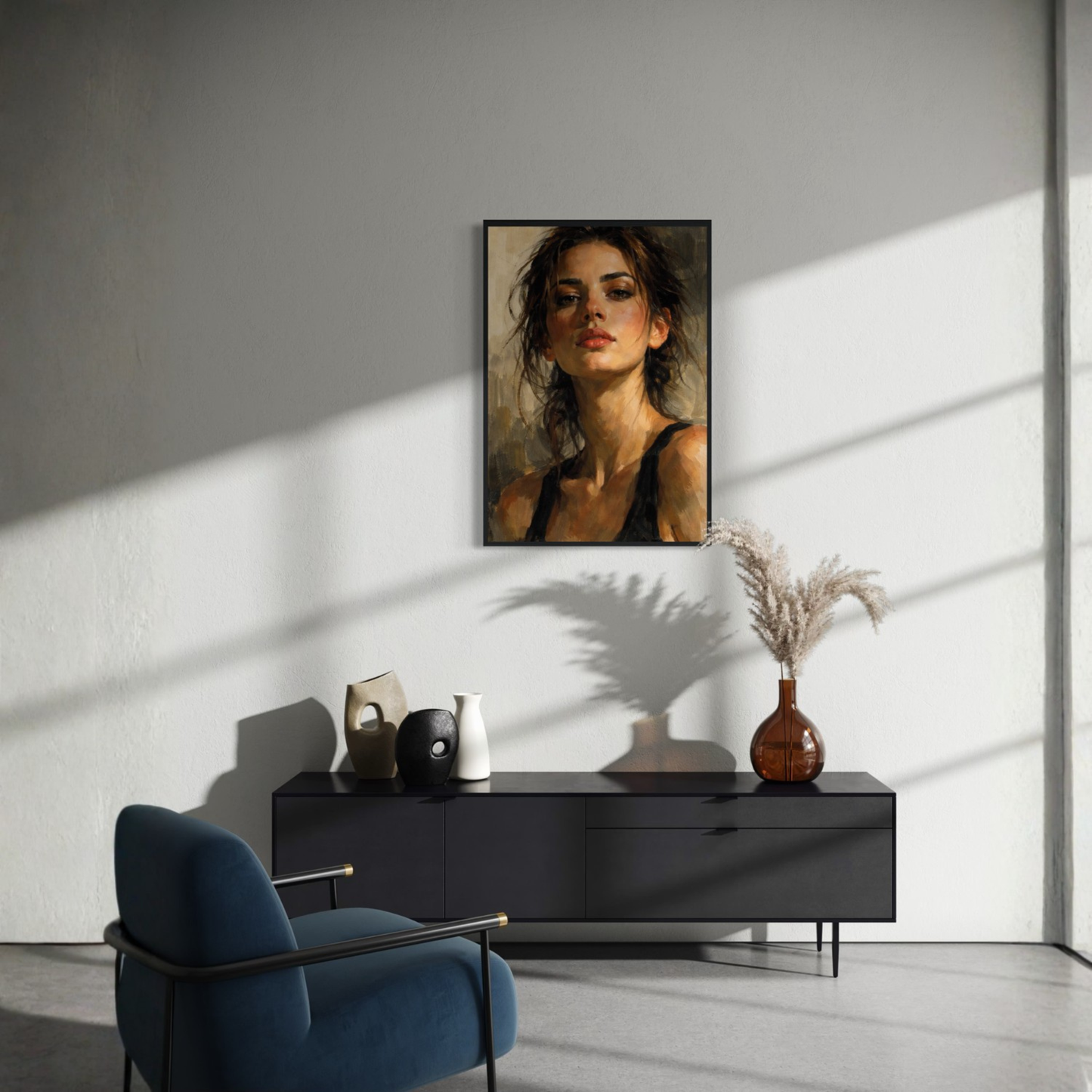 Framed wall art print titled "Figure Study II — Tension" by LunarHeartCo featuring a monochrome figure study on a white background.
