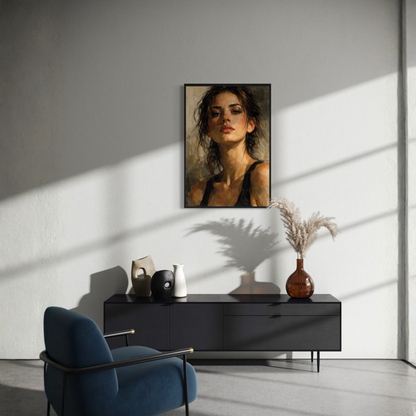 Framed wall art print titled "Figure Study II — Tension" by LunarHeartCo featuring a monochrome figure study on a white background.