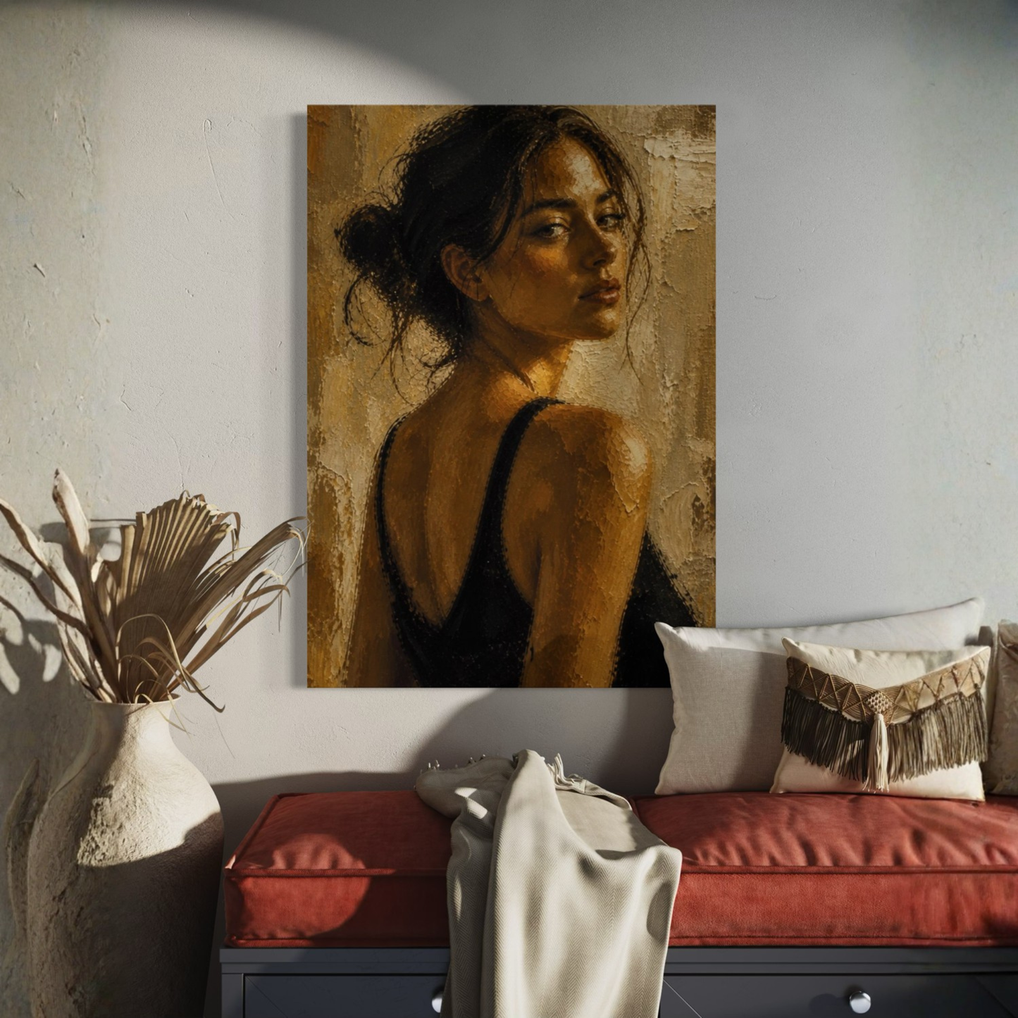 LunarHeartCo Figure Study III control canvas art depicting an abstract figure in muted tones on a textured surface.