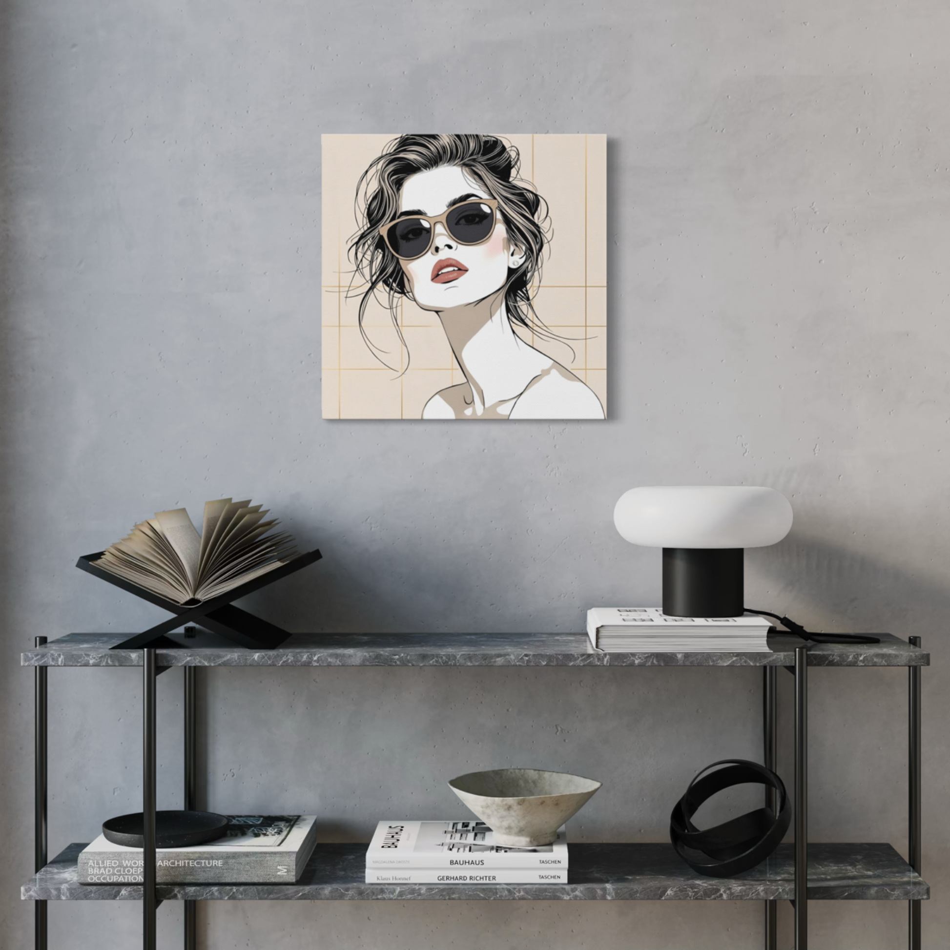 LunarHeartCo LINE STUDY P1 portrait canvas wall art, 16x16 inches, featuring abstract line design on a textured canvas surface.