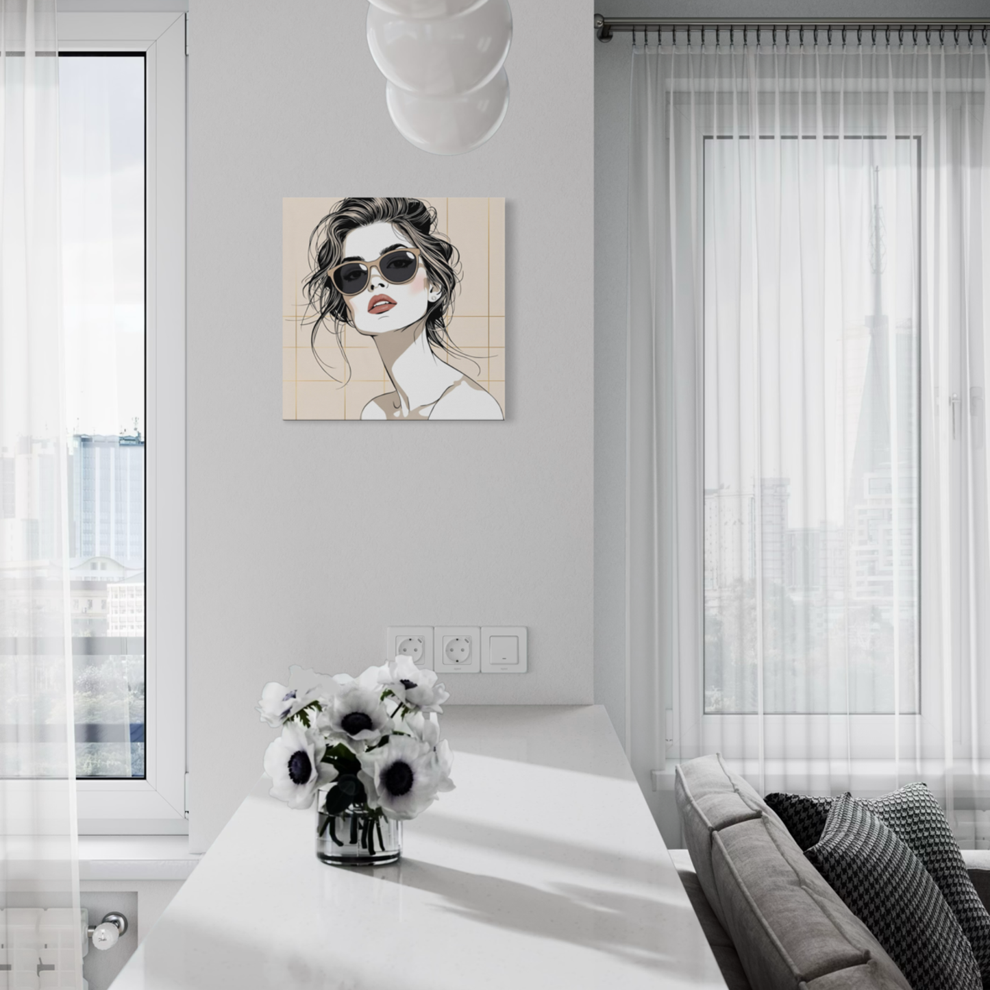 LunarHeartCo LINE STUDY P1 portrait canvas wall art, 16x16 inches, featuring abstract line art design on a neutral background.