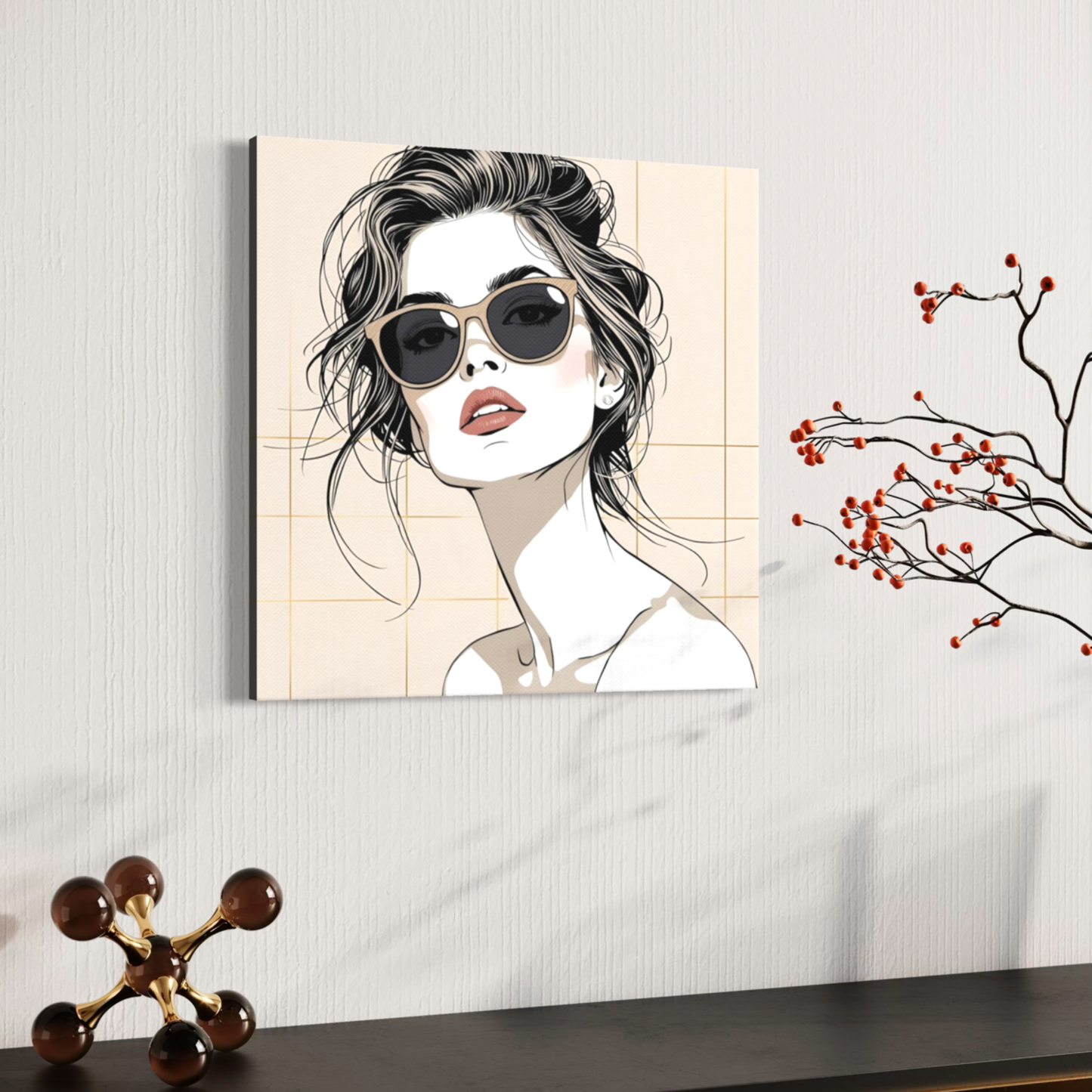 LunarHeartCo LINE STUDY P1 portrait canvas wall art, 16x16 inches, featuring abstract line design on a neutral background.