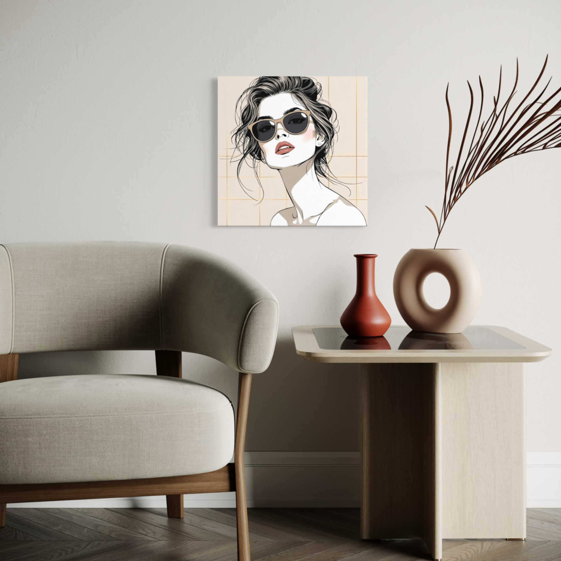LunarHeartCo LINE STUDY P1 portrait canvas wall art in 16x16 inches, featuring abstract line artwork on a neutral background.