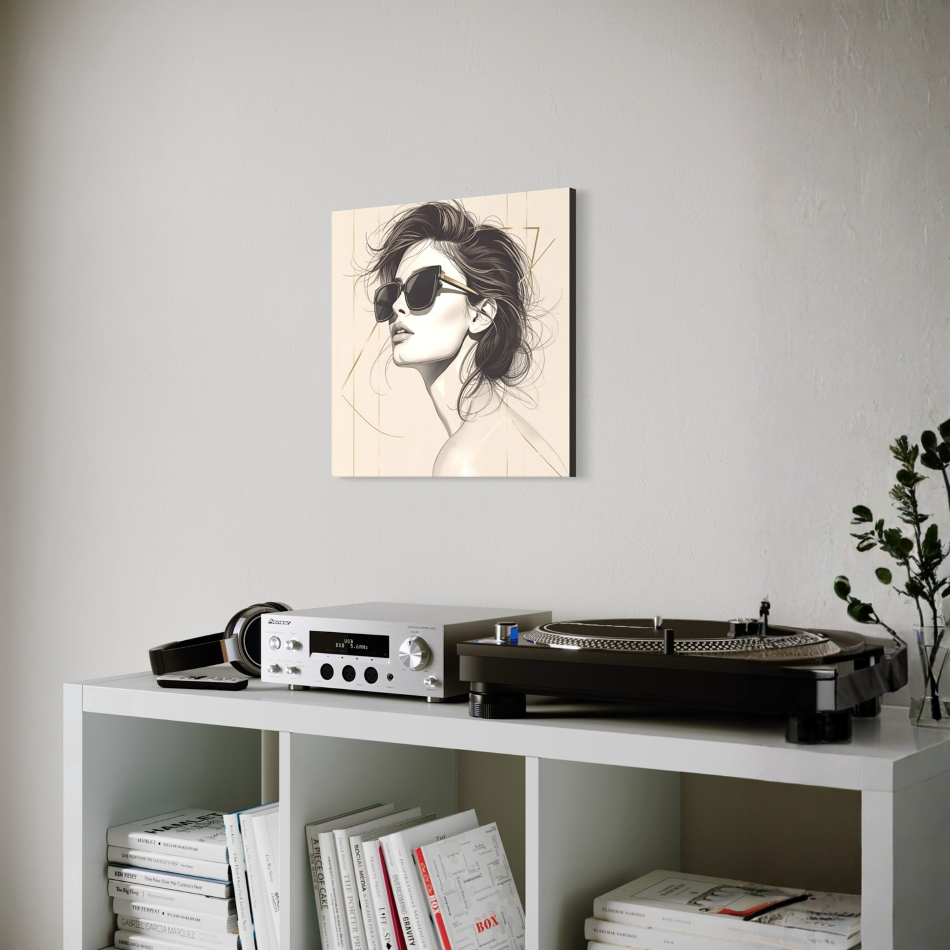 LunarHeartCo LINE STUDY P4 portrait canvas wall art, 16x16 inches, featuring abstract line drawing on textured surface.