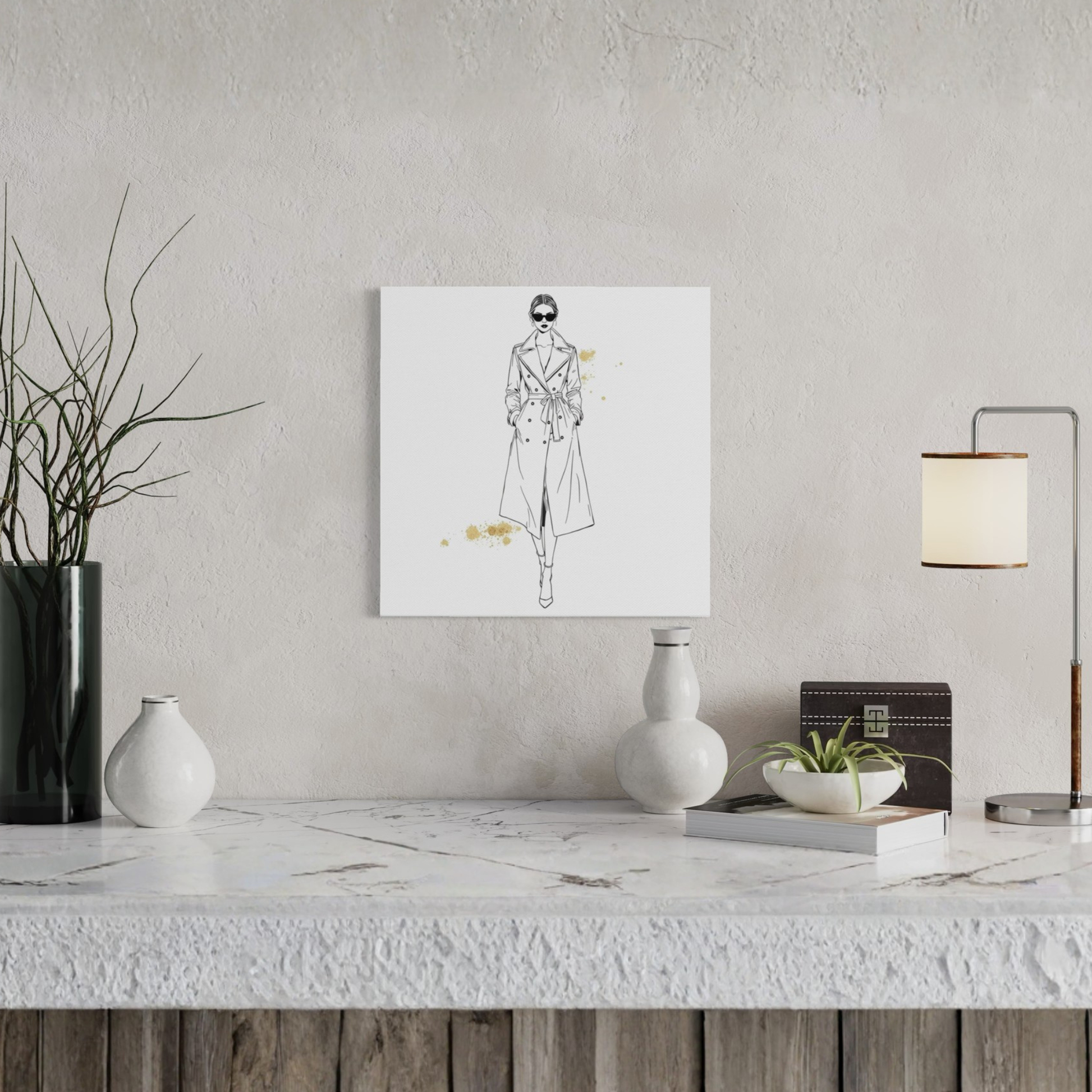 LunarHeartCo LINE STUDY IV figure canvas wall art, 16x16 inches, featuring abstract line drawing on textured surface.