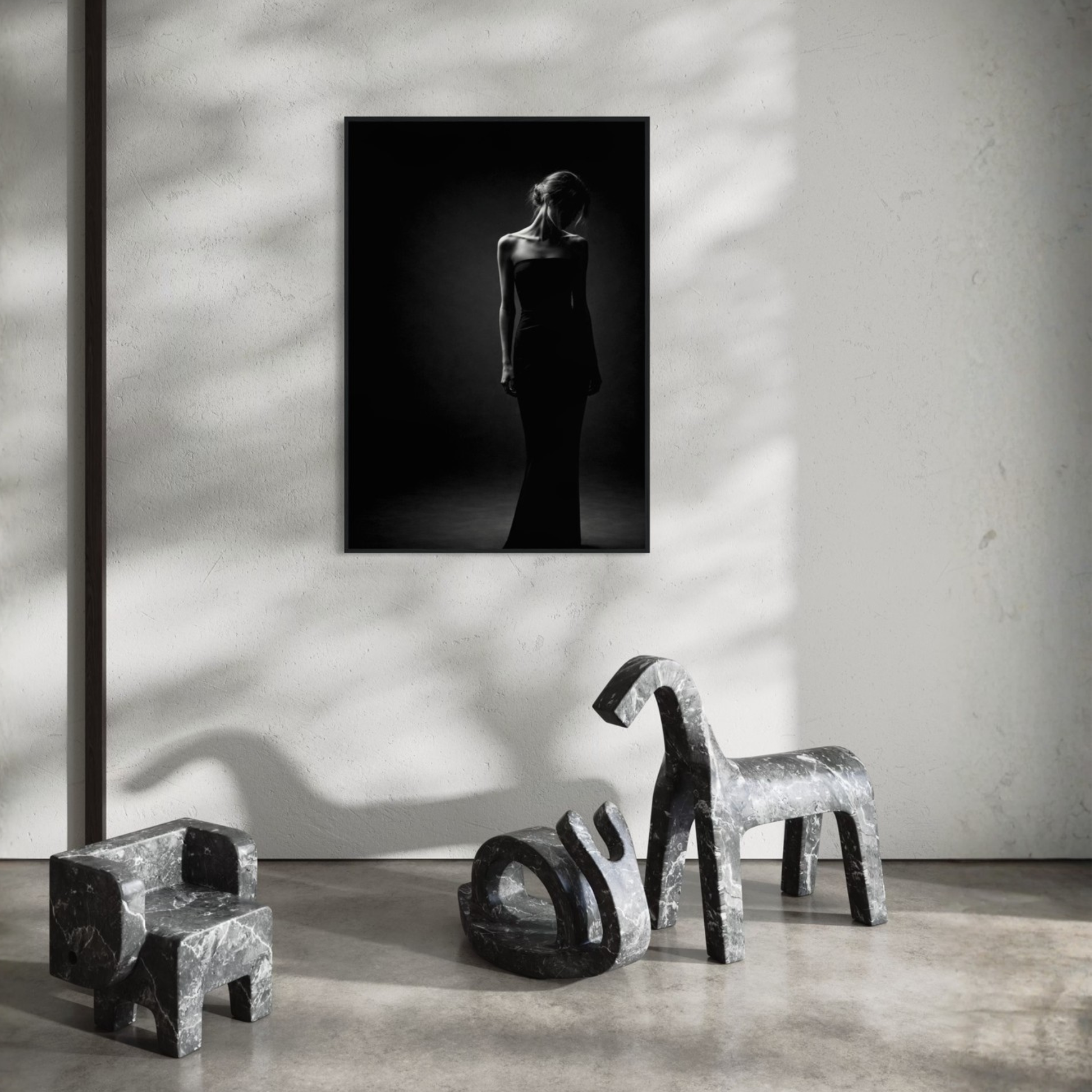 Framed editorial fine art print titled "Presence" by LunarHeartCo, showcasing abstract artwork on a wall.