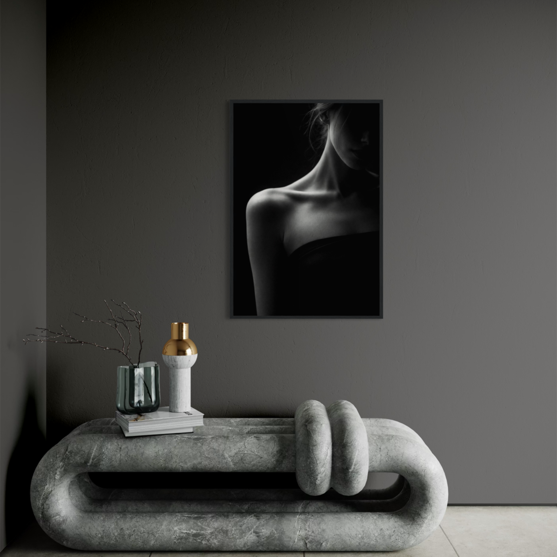Framed editorial fine art print "Muse II — Proximity" by LunarHeartCo, featuring abstract, textured artwork on a wall.