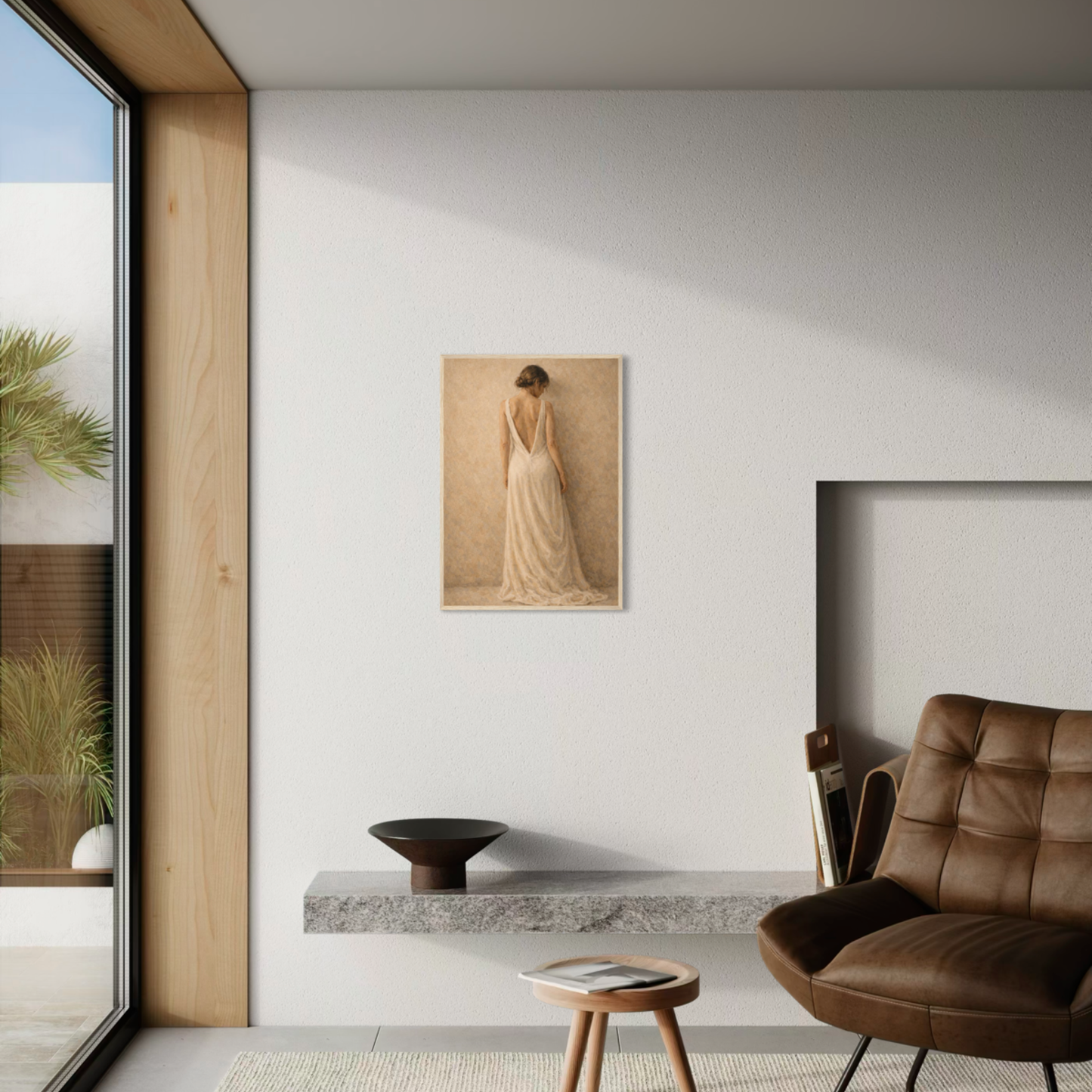 Framed art titled "Stillness, Held I" by LunarHeartCo featuring a serene standing figure against a tranquil background.
