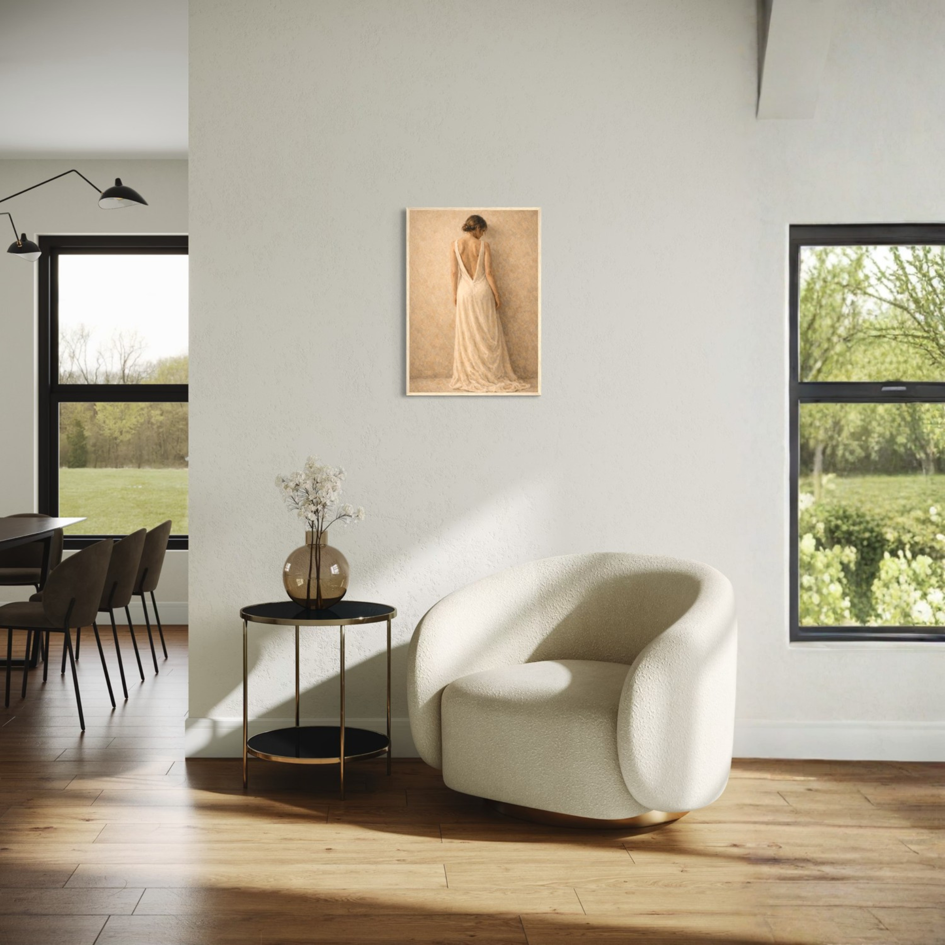 Framed art print titled STILLNESS, HELD I by LunarHeartCo featuring a serene standing figure in a calming, minimalist design.