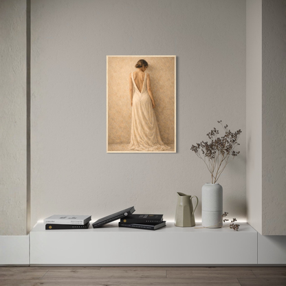 Framed art print titled "STILLNESS, HELD I — Standing" by LunarHeartCo, featuring a serene, minimalist design on a white background.